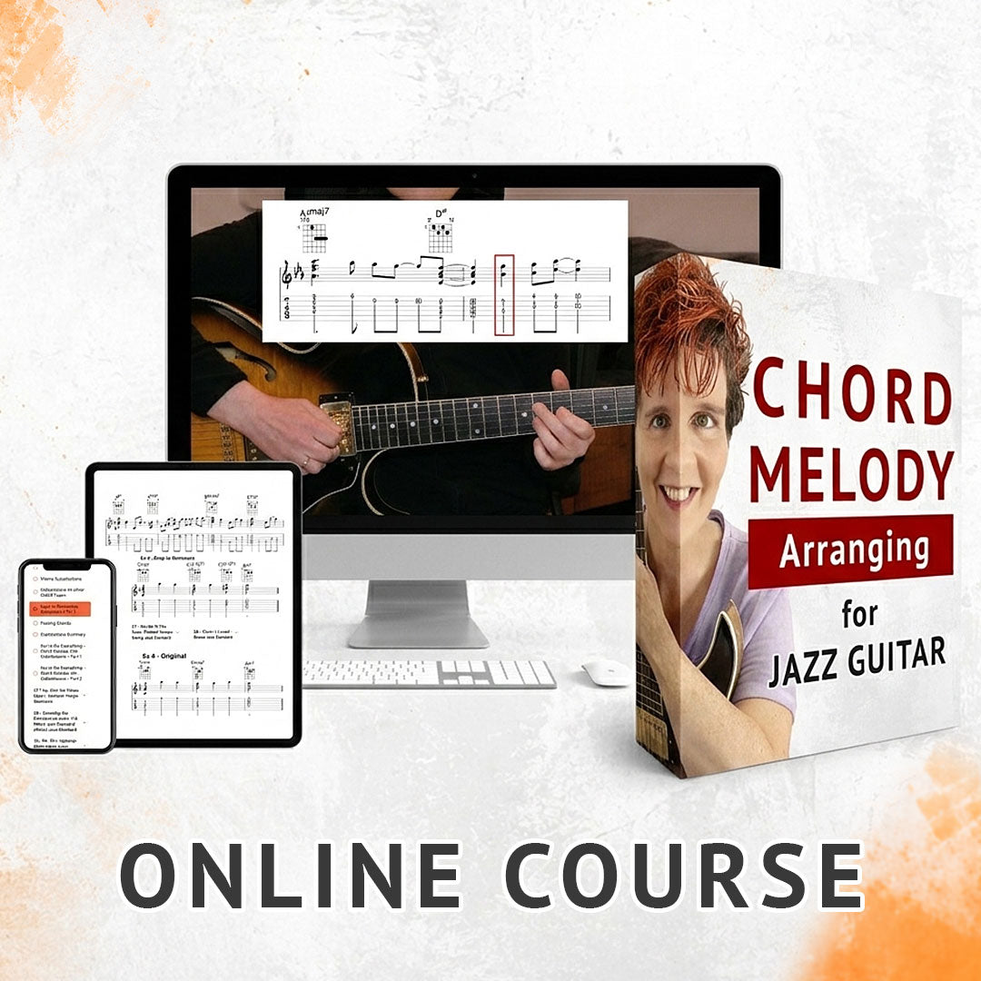A mockup of a desktop PC, a tablet, an smartphone and an ebook, all displaying content of the Chord Melody Arranging for Jazz Guitar Online Course.